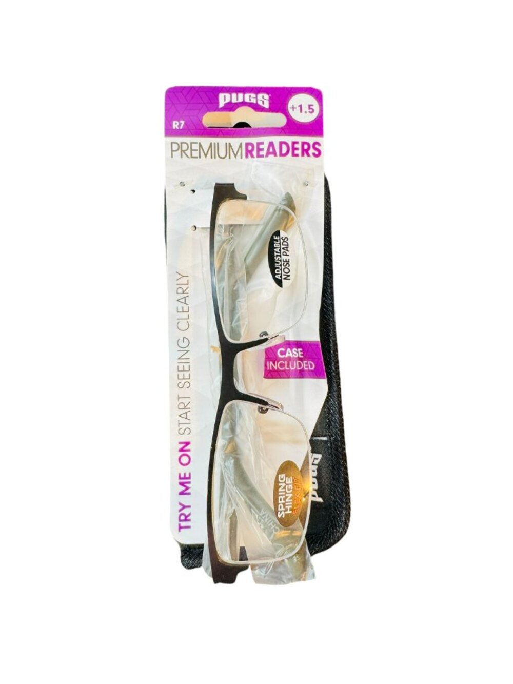 Pugs Premium Readers +1.5 Gunmetal Frame Spring Hinge Adjustable Nose Pads With